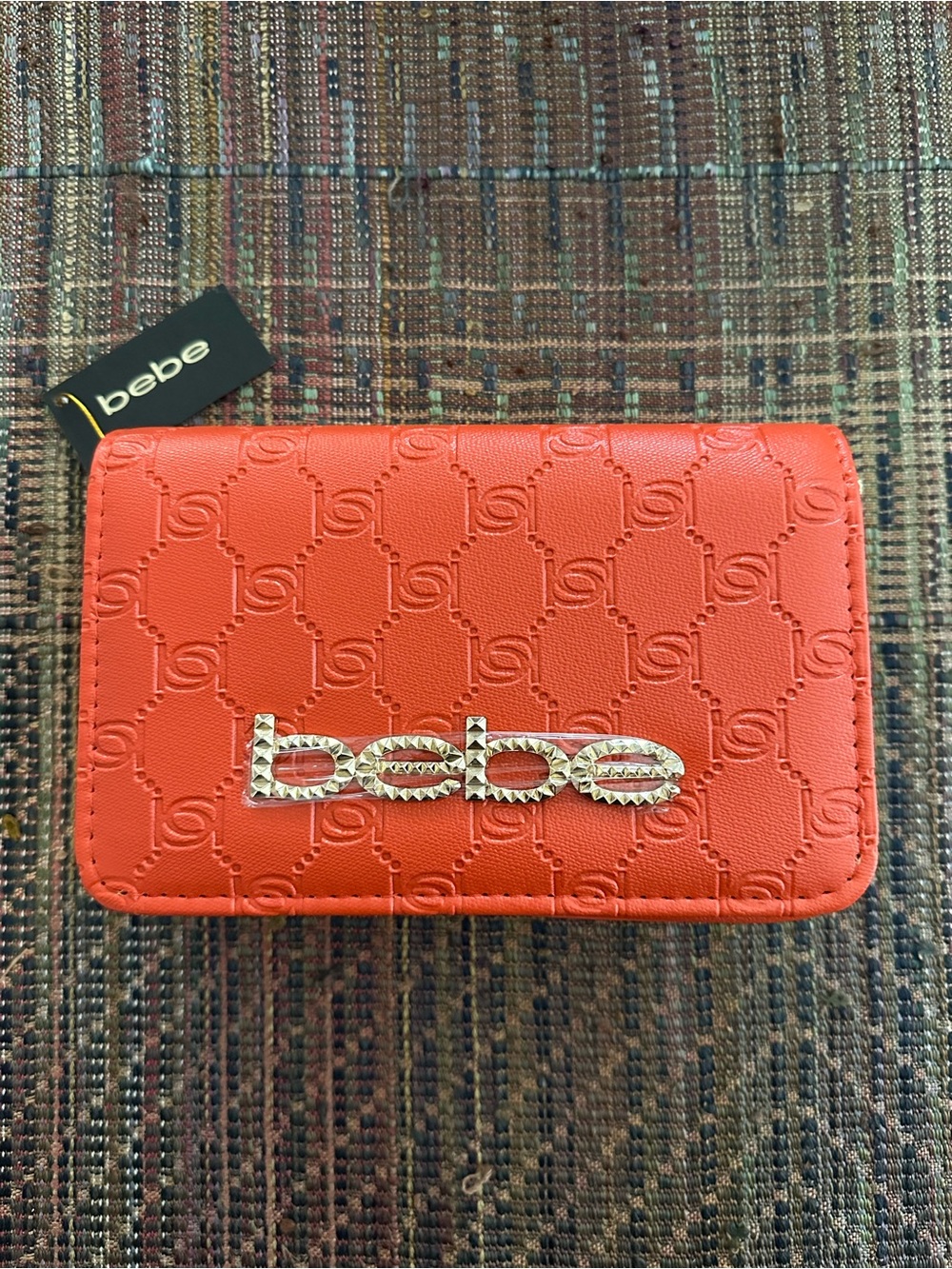 bebe Celia Monogram Flap Crossbody Sunset Coral Embossed Logo